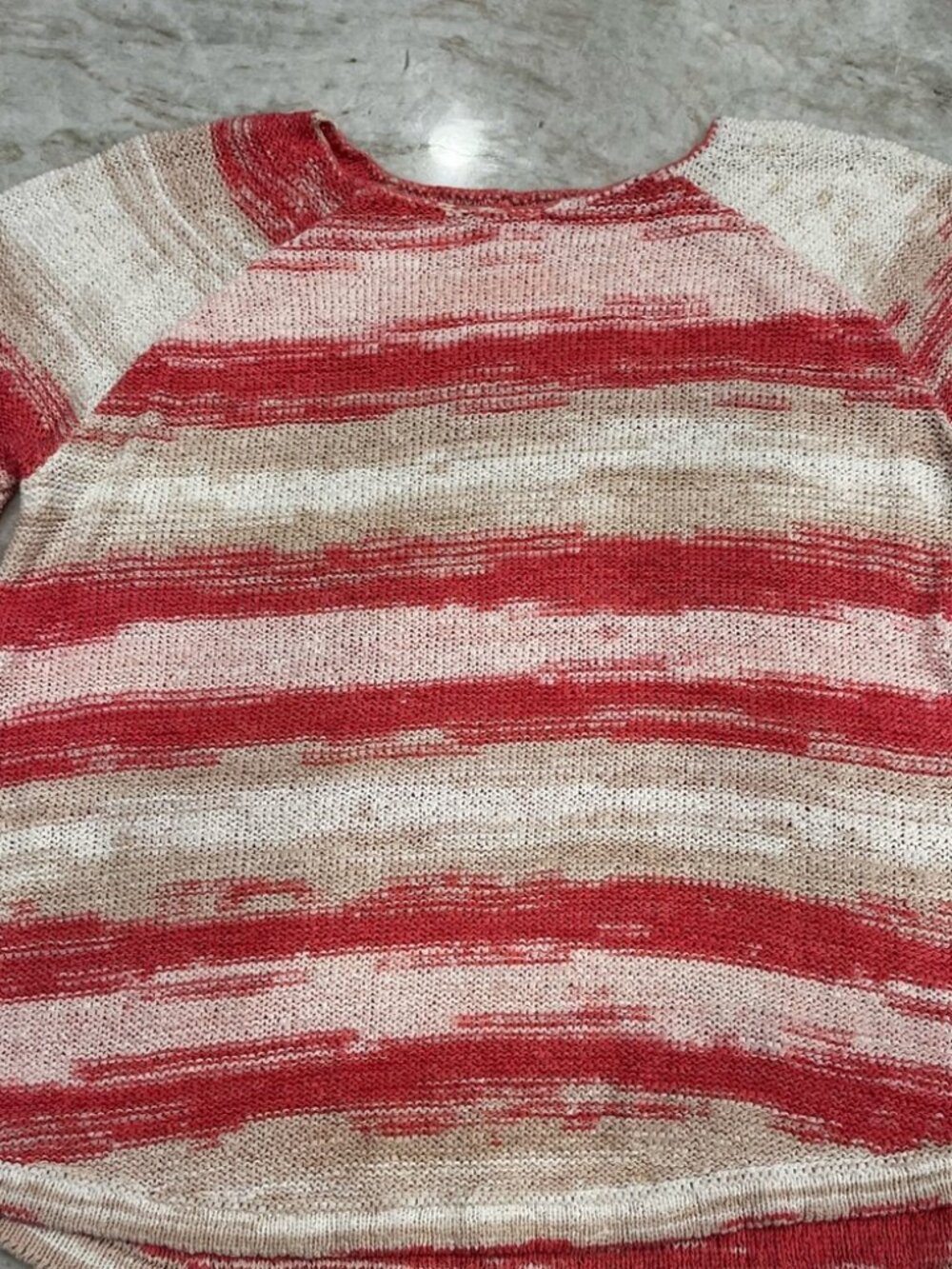 Chico’s Open Knit Sweater – Coral & Cream Stripes – Fits Like Medium